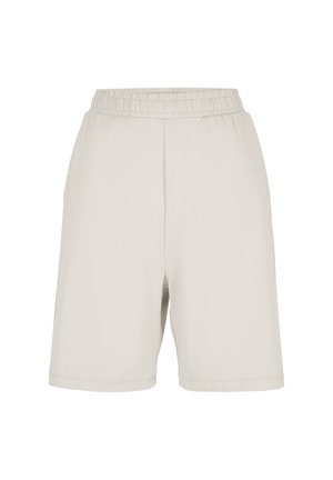 Hellbeige elastische Shorts mit geradem Schnitt und mittlerer Oberschenkellänge, auf weißem Hintergrund dargestellt.