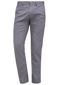 Pantalon gris ajusté pour homme avec passants de ceinture, poches avant et une texture de tissu propre et sans plis.