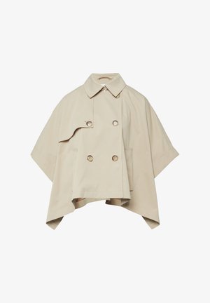 Beiger doppeltreihiger Cape-Mantel mit weiten Ärmeln, spitzem Kragen, Schulterklappe und Seitentaschen, dargestellt vor weißem Hintergrund.