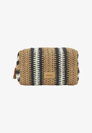 Neceser rectangular tejido con rayas marrones, negras y blancas, cremallera con borla y pequeña etiqueta de cuero que dice "VERDE".