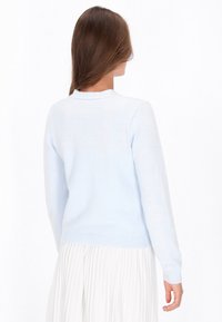 Hellblauer Pullover aus weichem Material, mit rundem Halsausschnitt und langen Ärmeln. Mit geripptem Saum und Bündchen, getragen über einem weißen, plissierten Rock.