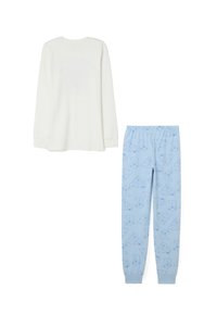 Top blanco de manga larga ligero y pantalones de pijama azules con un patrón repetido de ositos de dibujos animados. Tejido suave con cintura elástica.