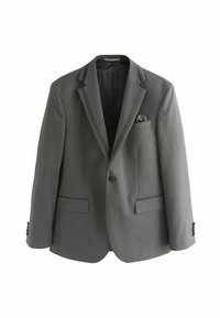 Blazer gris con tejido texturizado, cierre de un solo botón, dos bolsillos frontales y acentos negros contrastantes en el cuello y el bolsillo.