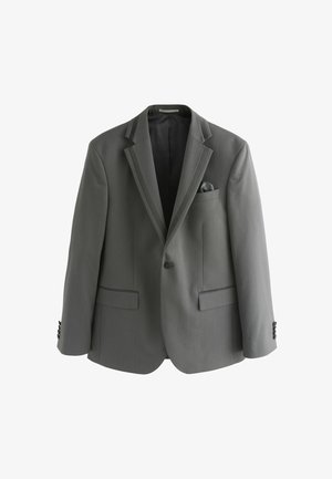 Grauer Blazer aus strukturiertem Stoff, Ein-Knopf-Verschluss, zwei vordere Taschen und kontrastierende schwarze Akzente an den Revers und der Tasche.