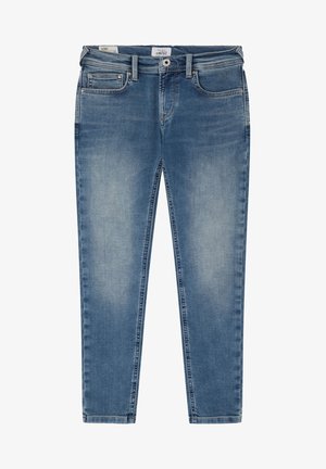 Jeans ajustados de mezclilla azul claro, con una textura suave, cinco bolsillos y un ligero desgaste. Cierre clásico de botón y cremallera en la parte delantera.