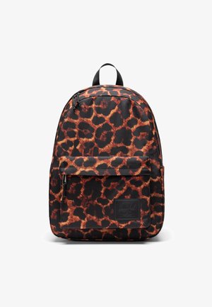 Black backpack featuring a leopard print in orange and brown, made from durable fabric, with a front zip pocket and top handle.