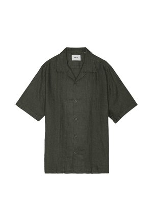 Chemise à manches courtes vert foncé avec boutons, col ouvert et texture subtile, présentée à plat sur fond blanc.