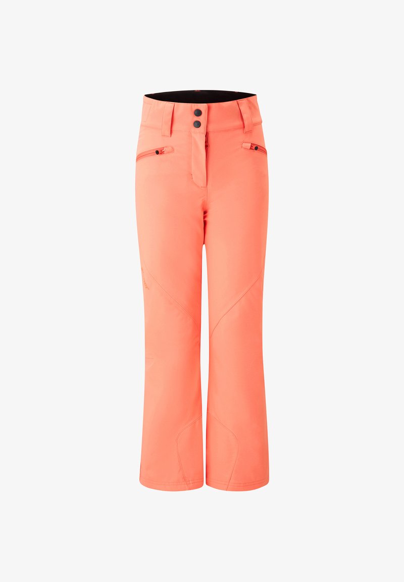 Bright orange ski pants, made of smooth, waterproof material. Features a zippered front, two side pockets, and an adjustable waistband.