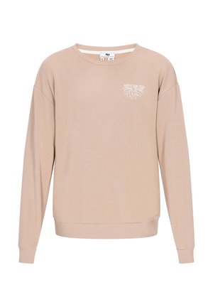 Beżowy sweter z długim rękawem, z żeberkowymi mankietami i okrągłym dekoltem. Ma mały biały nadruk "Roots Run Deep" na klatce piersiowej.