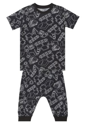Set per bambini nero con maglietta a maniche corte e pantaloni, con motivo di veicoli e macchinari da costruzione a contorno bianco.