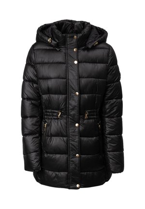 Schwarze Pufferjacke mit abnehmbarem Kapuzen, goldfarbenen Akzentknöpfen, Reißverschlusstaschen und gestepptem Material zur Wärmedämmung.