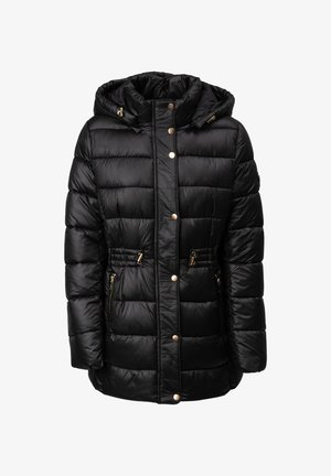 Schwarze Pufferjacke mit abnehmbarem Kapuzen, goldfarbenen Akzentknöpfen, Reißverschlusstaschen und gestepptem Material zur Wärmedämmung.