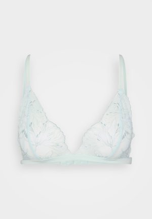 Bra triangolo in pizzo azzurro chiaro con ricami floreali, coppe trasparenti, spalline regolabili e un sottobanda liscio. Design delicato e texturizzato.