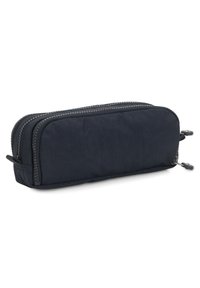 Pochette zippée bleu marine avec un extérieur en tissu, présentant une surface texturée et une fermeture à double zip pour un rangement organisé.