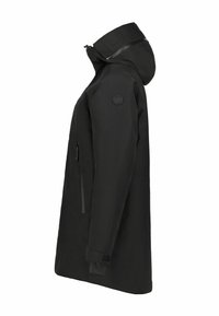 Schwarze wasserdichte Jacke mit einer enganliegenden Kapuze, seitlichen Reißverschlusstaschen und Klettverschlussmanschetten. Glatte Textur, mittellanges Design mit einem Logopatch.