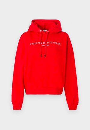 Roter Hoodie aus Baumwollmischung, mit einer vorderen Kängurutasche, langen Ärmeln, Kapuze mit Kordelzug und weißem Logotext auf der Brust.