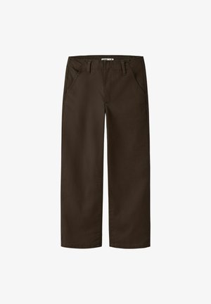 Braune, weit geschnittene Hosen aus glattem Stoff. Verfügt über frontale Taschen und ein flaches Design an der Vorderseite. Der Saum ist sauber und gerade eingefasst.