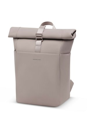 Light beige roll-top backpack with front buckle and side pockets, minimalist design, standing upright on a white background.