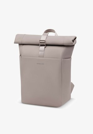Light beige roll-top backpack with front buckle and side pockets, minimalist design, standing upright on a white background.