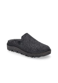 Gray felt slip-on clog with a textured upper and chunky black rubber sole featuring a speckled finish and scalloped edges.