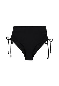 Bas de bikini taille haute noir en matière extensible avec des liens ajustables sur les côtés et un détail froncé à la taille.