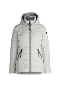 Jasnoszara kurtka puchowa z podszewką w kapturze, z przodu zapinana na zamek błyskawiczny i dwiema kieszeniami na zamek. Posiada haftowany wzór pikowania oraz czarny akcent w postaci logo.