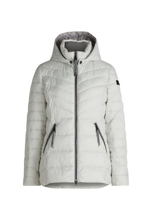 Giubbotto imbottito grigio chiaro con cappuccio foderato, zip frontale e due tasche con zip. Presenta un design a quadri cucito e un accento di logo nero.