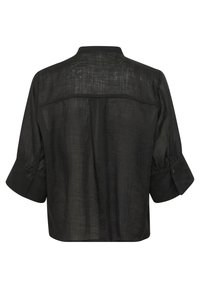 Black linen shirt with short sleeves, a back pleat, and a buttoned cuff. Soft texture and relaxed fit. Back view only.