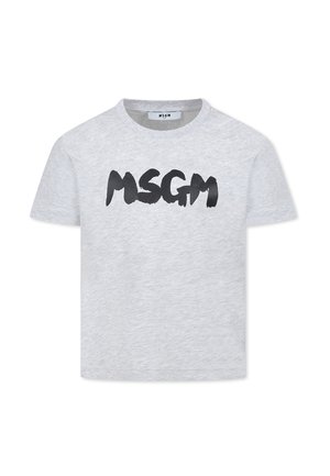 T-shirt en coton gris avec un grand logo noir "MSGM" en style coup de pinceau sur la poitrine. Manches courtes et col rond.