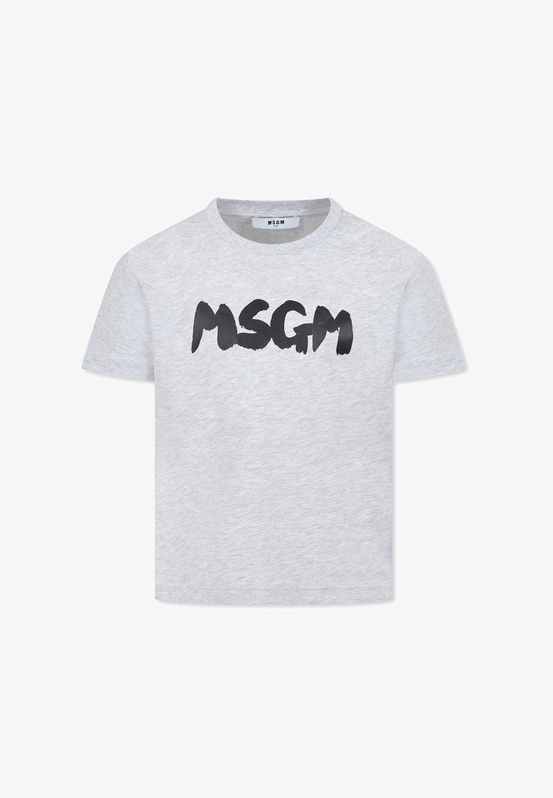 T-shirt in cotone grigio con un grande logo nero "MSGM" in stile pennellata sul petto. Maniche corte e scollatura rotonda.