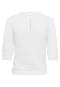 Maglione bianco a maglia con un motivo geometrico texturizzato, maniche a tre quarti e chiusura sul retro con bottoni perlescenti.