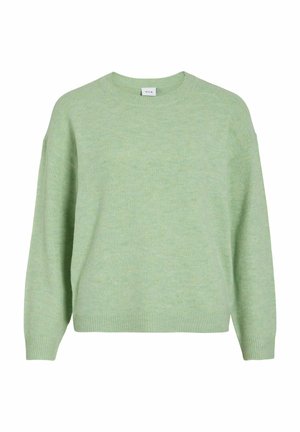 Hele roheline soonikkoes kampsun ümarate kaelustega, langevate õlgadega ning soonikkoes varruka- ja alläärtega. Pehme tekstuur ja tagasihoidlik melange-muster.