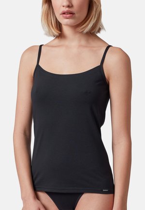 Top nero senza maniche in materiale liscio, con scollo dritto, spalline sottili e vestibilità comoda. Logo visibile all'orlo.