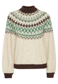 Knit sweater featuring a cream base, green and brown geometric patterns, high ribbed brown collar, and ribbed cuffs and hem.