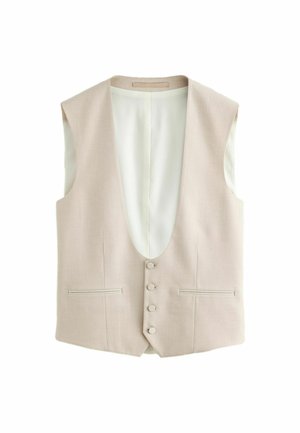 Beige sleeveless vest with deep V-neck, four buttons down front, and two horizontal slit pockets on each side.