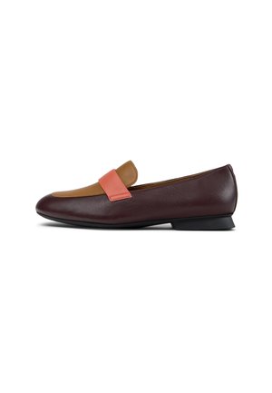 Burgundy leather loafers with a tan and pink accent strap. Low heel, smooth texture, and rounded toe design.