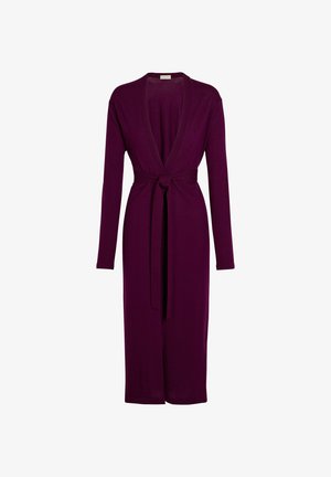 Belted robe in deep purple, made of soft fabric, featuring long sleeves and a V-neck with an open front design.