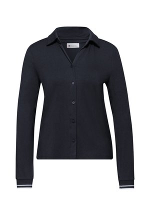 Blusa a maniche lunghe color blu navy con colletto, chiusura frontale con bottoni e polsini a righe a contrasto. Realizzata in tessuto morbido con una texture liscia.