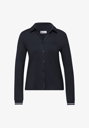 Mörkblå långärmad blus med krage, knäppning fram och kontrasterande randiga manschetter. Tillverkad av mjukt tyg med en slät textur.