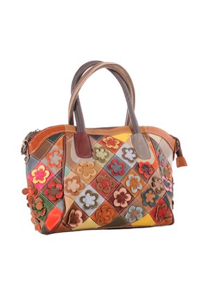 Multicolored patchwork handbag with two handles, decorated with 3D flower appliques in various colors and leather textures.