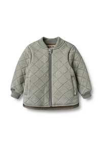 Grøn quiltet jakke med lynlås foran, ribbet krave og manchetter. Har sidelommer og teksturerede detaljer i diamantmønster.