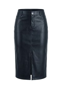 Jupe crayon noire taille haute en similicuir avec couture frontale, passants pour ceinture, poches avant, fermeture par bouton et fente avant à l'ourlet.