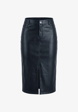 Černá vysokým pasem pouzdrová sukně z umělé kůže s předním švem, pásečky na opasek, předními kapsami, zapínáním na knoflíky a předním rozparkem na lemu.