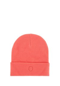 Berretto in maglia corallo brillante con risvolto e un piccolo dettaglio ricamato a cerchio al centro del risvolto.