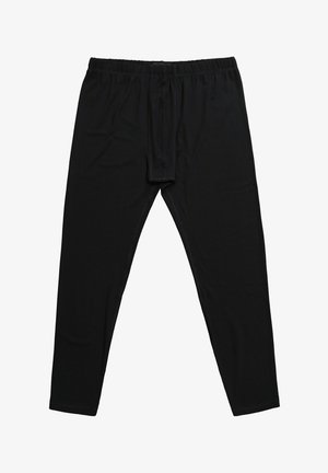 Black long underwear pants with elastic waistband and front fly, made from soft, stretchable fabric for warmth and comfort.