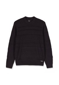 Sort strikket sweater med strukturerede horisontale mønstre og en ribbet rund hals. Har Volcom-logoet nederst i hvid.