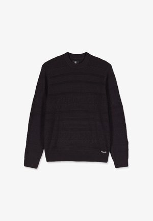 Black knitted sweater with textured horizontal patterns and a ribbed crew neck. Features Volcom logo at the hem in white.
