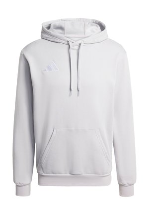 Haut à capuche gris clair avec une poche kangourou, texture en polaire, capuche avec cordon de serrage ajustable et logo brodé blanc sur la poitrine gauche.