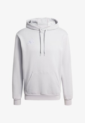 Haut à capuche gris clair avec une poche kangourou, texture en polaire, capuche avec cordon de serrage ajustable et logo brodé blanc sur la poitrine gauche.