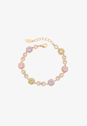 Bracciale in tono dorato con pietre colorate tonde alternate—rosa, viola, giallo—impostate in gruppi con scintillanti accenti circolari.